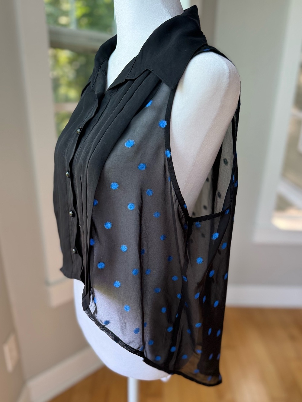 Vintage Y2K Cropped Black Sheer Sleeveless Blouse Metallic Blue Polka Dots XL